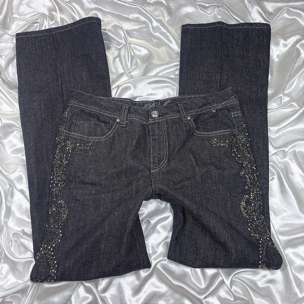 y2k Pashu Jeans Black Excellent Beaded Rhinestone Embellished Straight Leg 6